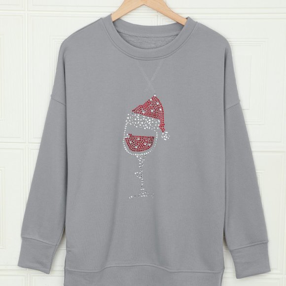 Rhinestone studded embellished Christmas Santa Wine Glass Sweatshirt - Picture 13 of 16